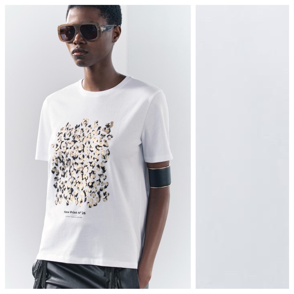 Nwt. Zara White Leopard Print T-Shirt. Size S.